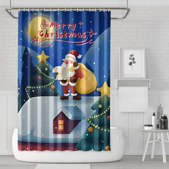 Merry Christmas Santa Claus Gift Shower Curtains,Reusable Bathtub Curtains with Hooks Vintage Polyester Fabric Curtains for Bathroom Bathtub Autumn Holiday