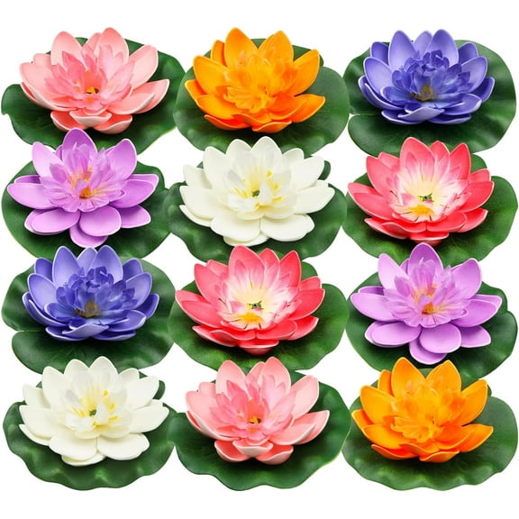 Ejiaya 12 Pcs Artificial Floating Foam Lotus Flower with Water Lily Pad, Lifelike Ornanment Perfect for Home Garden Pond Decor Indian Diwali Decorations Return Gifts