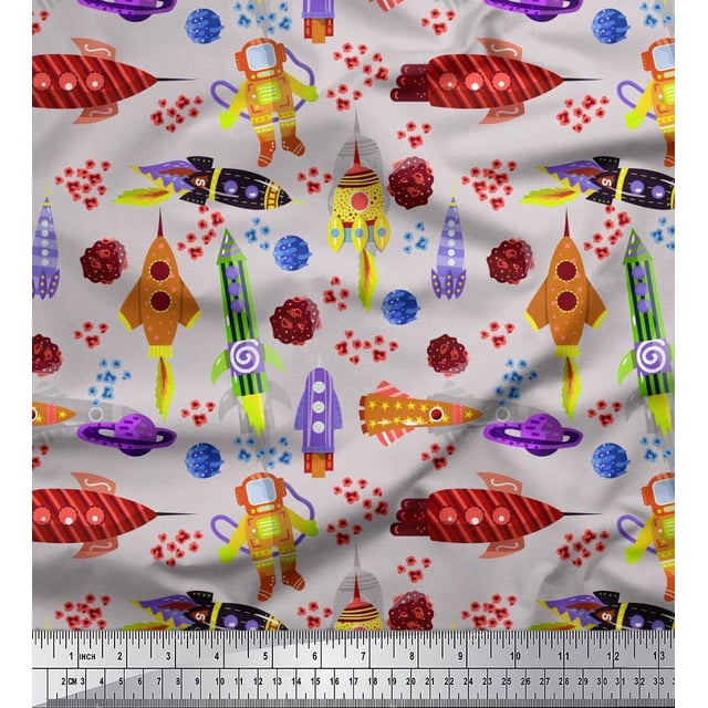 Soimoi Rayon Fabric Rocket,Planet & Astronaut Cartoon Printed Fabric 1 Yard 42 Inch Wide