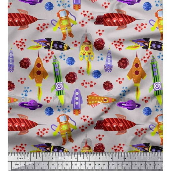 Soimoi Rayon Crepe Fabric Rocket,Planet & Astronaut Cartoon Print Fabric by The Yard 46 Inch Wide