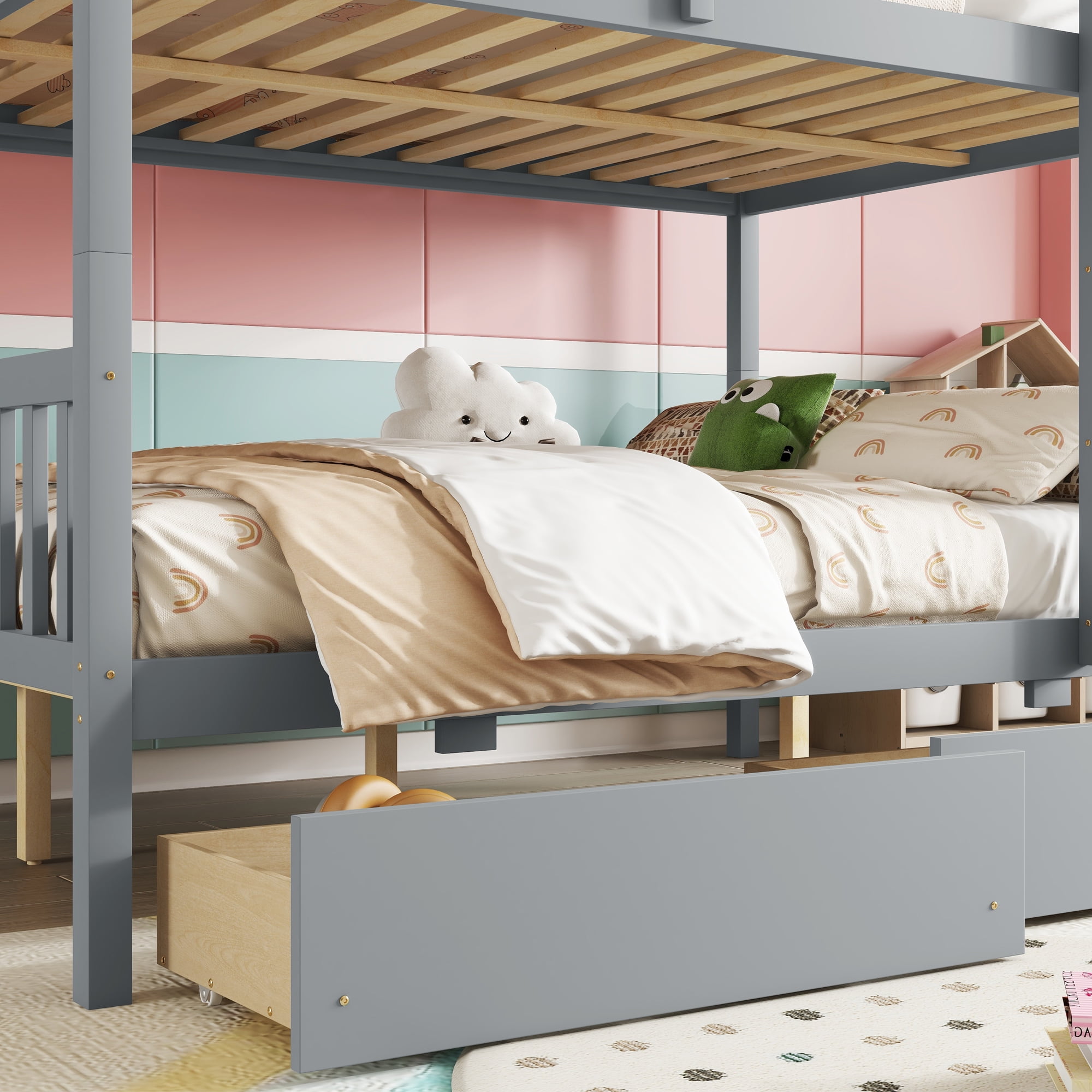 Sailvan full Over full Rubber Wood Bunk Bed with 2 Drawers, Convertible into 2 full Beds with Ladder