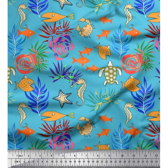 Soimoi Viscose Chiffon Fabric Coral,Fish & Sea Turtle Ocean Print Fabric by Yard 42 Inch Wide