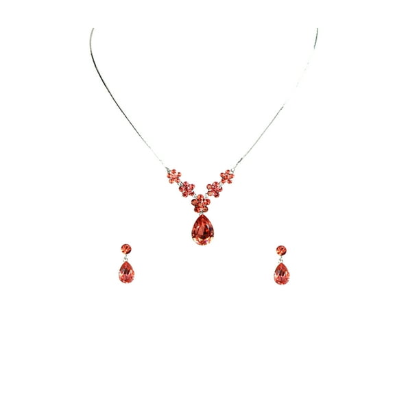 Faship Gorgeous Coral Rhinestone Crystal Floral Necklace Earrings Set