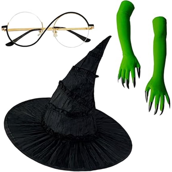 Halloween Witch Costume Set, Witch Hat, Green Claw Gloves & Glasses, 3Pcs Dress-Up Kit for Cosplay & Party Fun