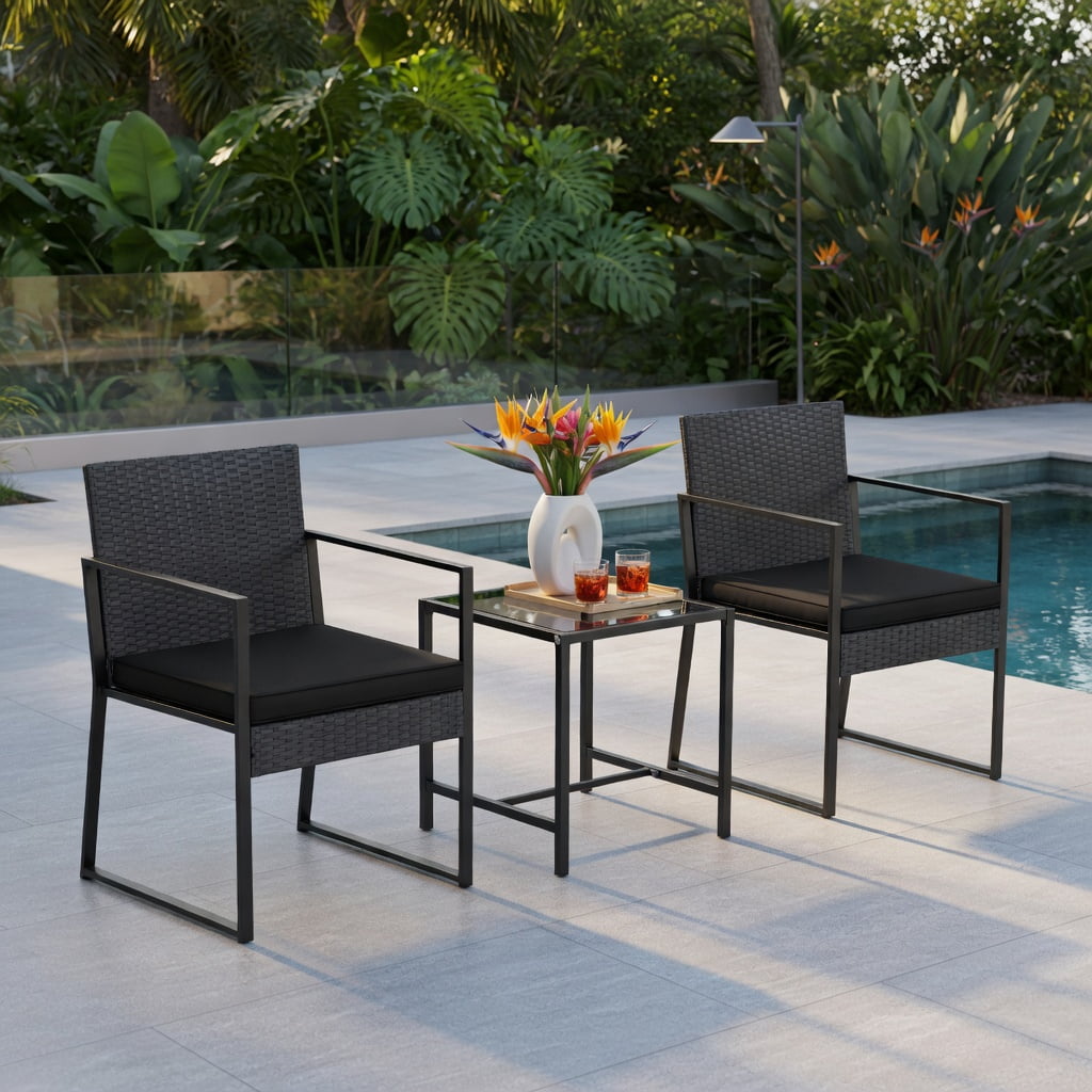 Hommoo 3-Piece Modern PE Rattan Patio Furniture Set with Tempered Glass Coffee Table, Heavy-Duty Outdoor Seating for Balcony, Porch & Small Spaces, Black