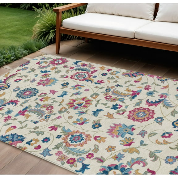 HomeRoots 597828 9 x 12 ft. Linen Pink & Denim Blue Floral Washable Indoor & Outdoor Rectangle Area Rug