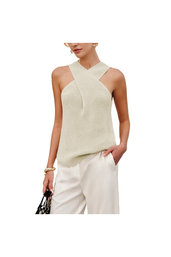 Women Halter Cross Over Collar Tank Knit Sleeveless Top Solid Color Casual Summer Blouse