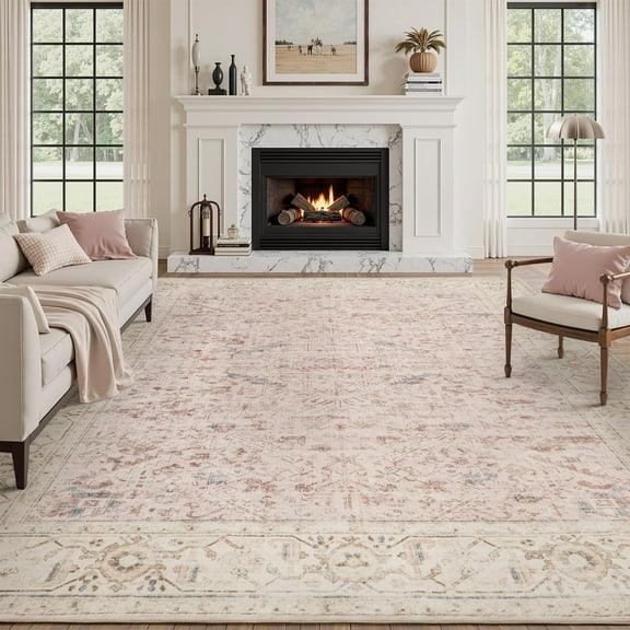 SIXHOME 8'x10' Area Rugs for Living Room Washable Rugs Carpet Vintage Traditional Rugs for Bedroom Dinning Room Office Soft Non Slip Large Area Rug Retro Home Decor Pink