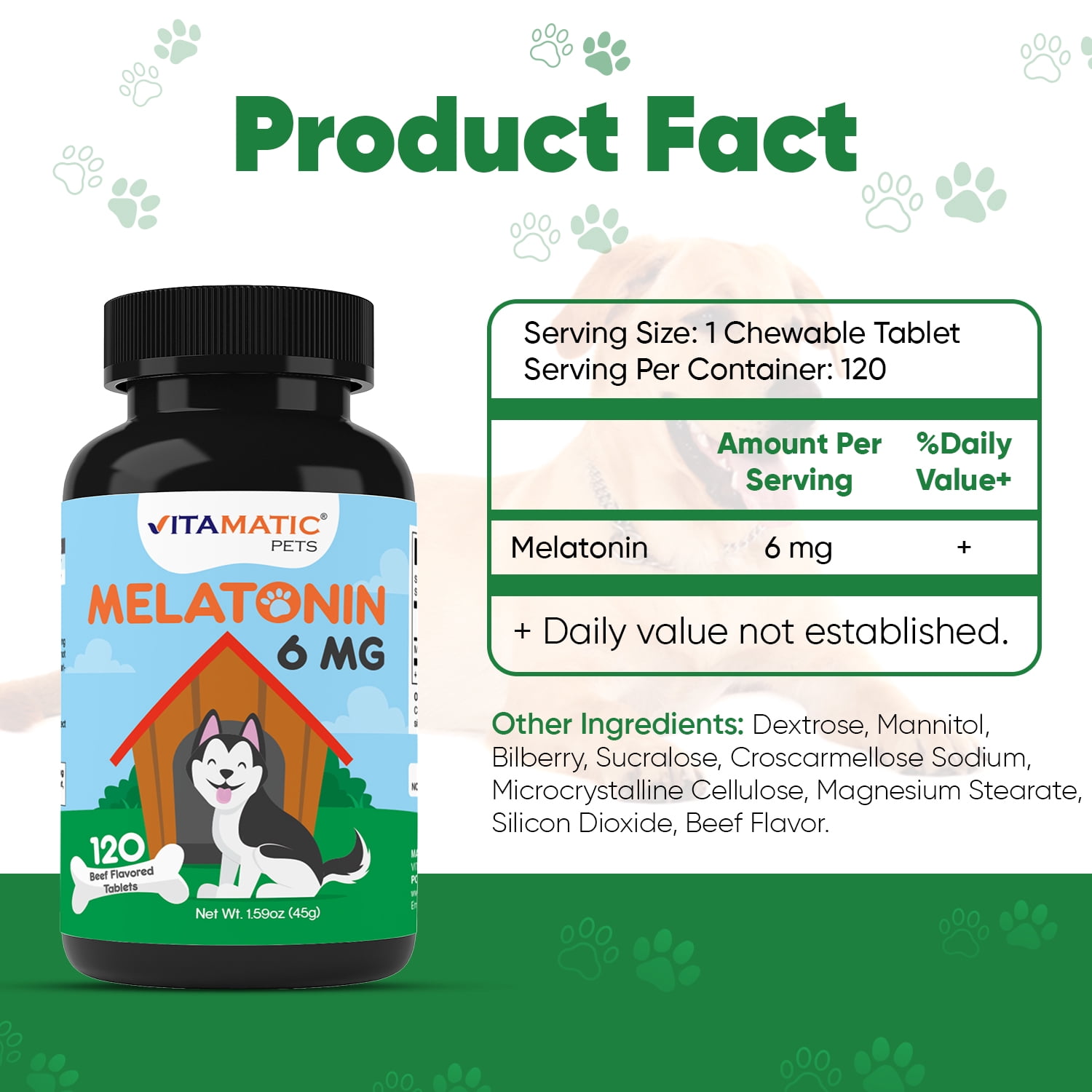 (3 pack) Vitamatic Melatonin for Dogs - 6 mg - 120 Beef Flavored Chewable Tablets