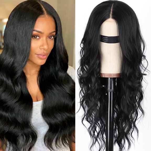 Black Wig for Women, Long Wavy Hairline Middle Part Synthetic Heat Resistant Wig for Daily Party-26 Inch
