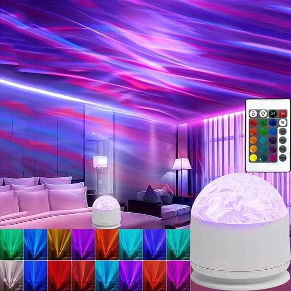 Aurora Light Projector, 2-in-1 Galaxy and Ocean Wave Projector with Remote Control, 16-Color USB Rechargeable Night Light for Bedroom Home Decor and Kids Gift