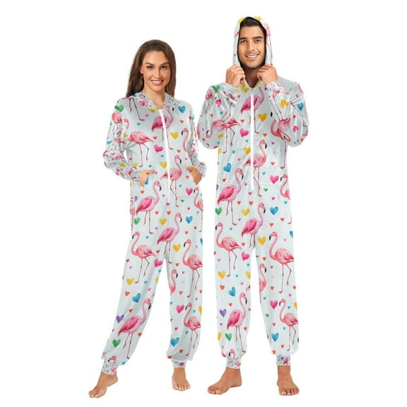 Adult Christmas Onesie Flamingo Heart Adult Zipper One-Piece Pajamas Unisex Pajamas with Pockets
