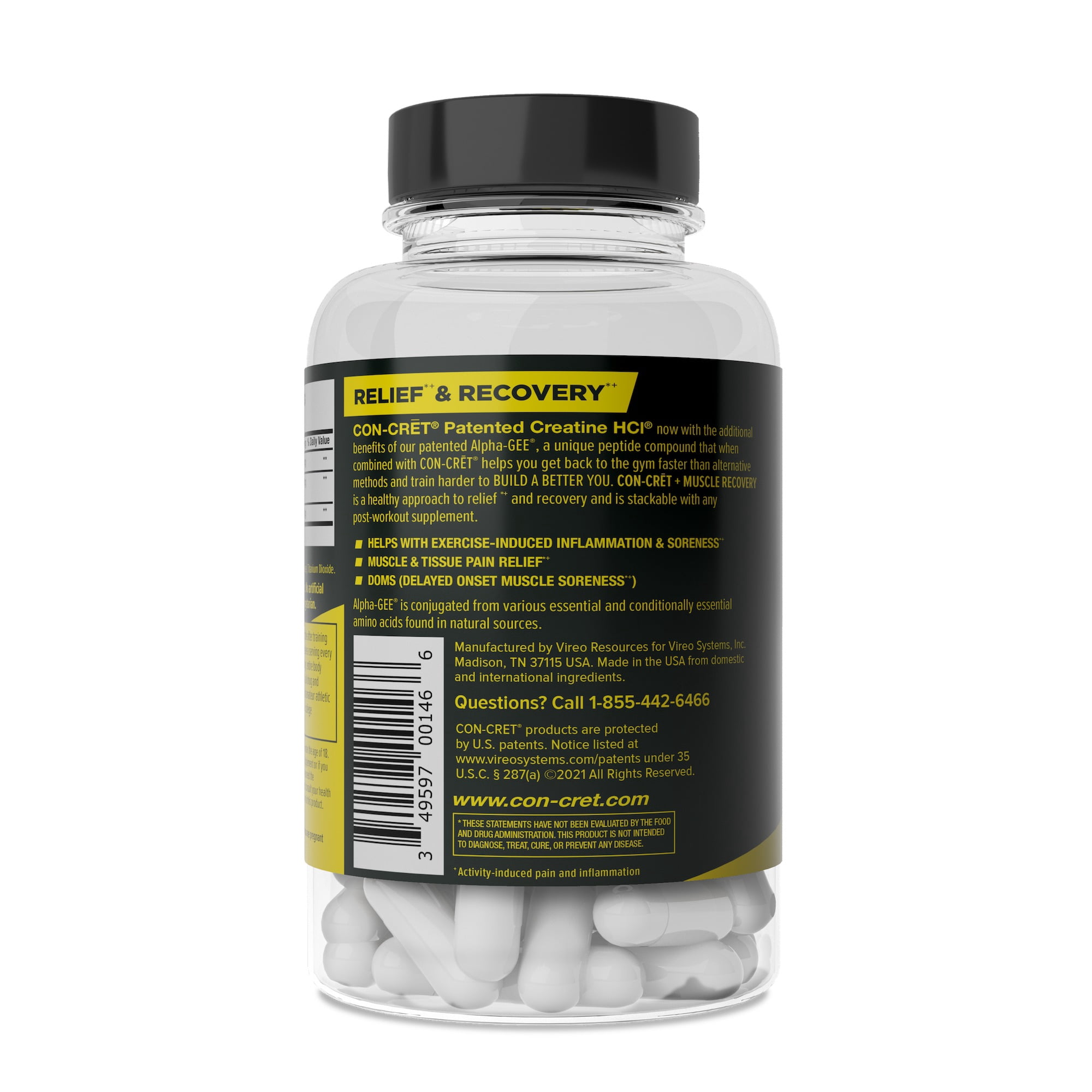 CON-CRET + MUSCLE RECOVERY,Creatine HCl,Supports Inflammation and Pain Relief, 90 Capsules, Unflavored