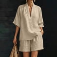 thumbnail image 6 of Bosfbaoi Two Piece Sets for Women Linen Blend Relaxed Fit Casual Outfit Set V-Neck Kimono Sleeve Tops Elastic Waist Shorts Summer Outfits Matching Sets Women Clothing, 6 of 7