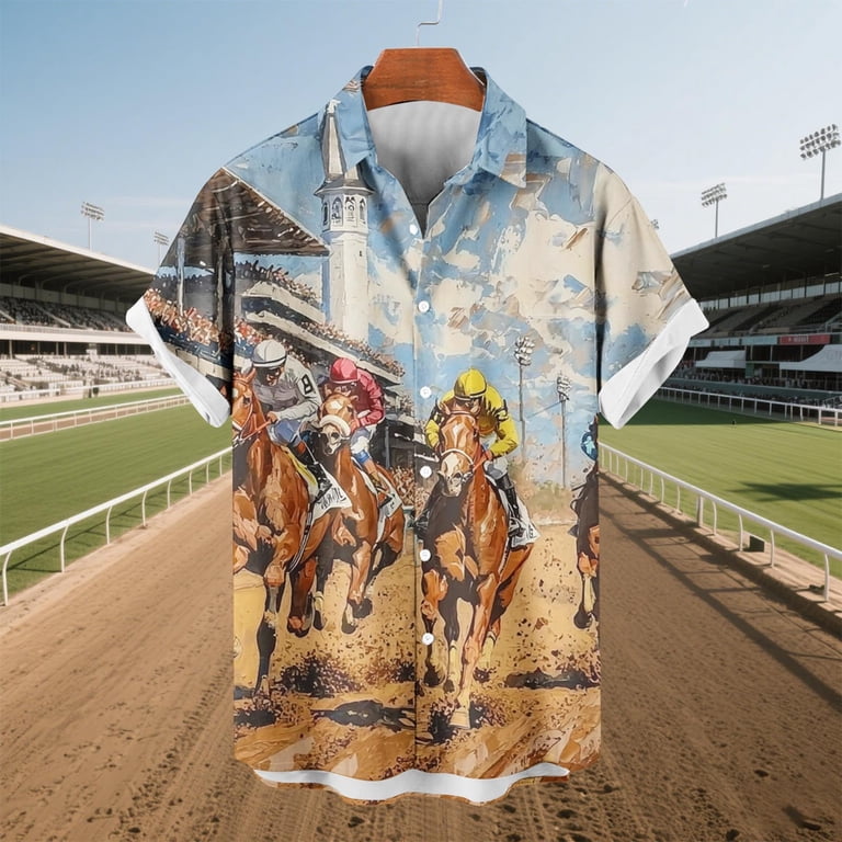 horse racing dress shirts Dolkfu Polos for Men Short Sleeve Horse Racing Yellow Collared Tops Animal Fashion Button-Up Shirts Dress Shirts for Men, Men's, Size: 5XL