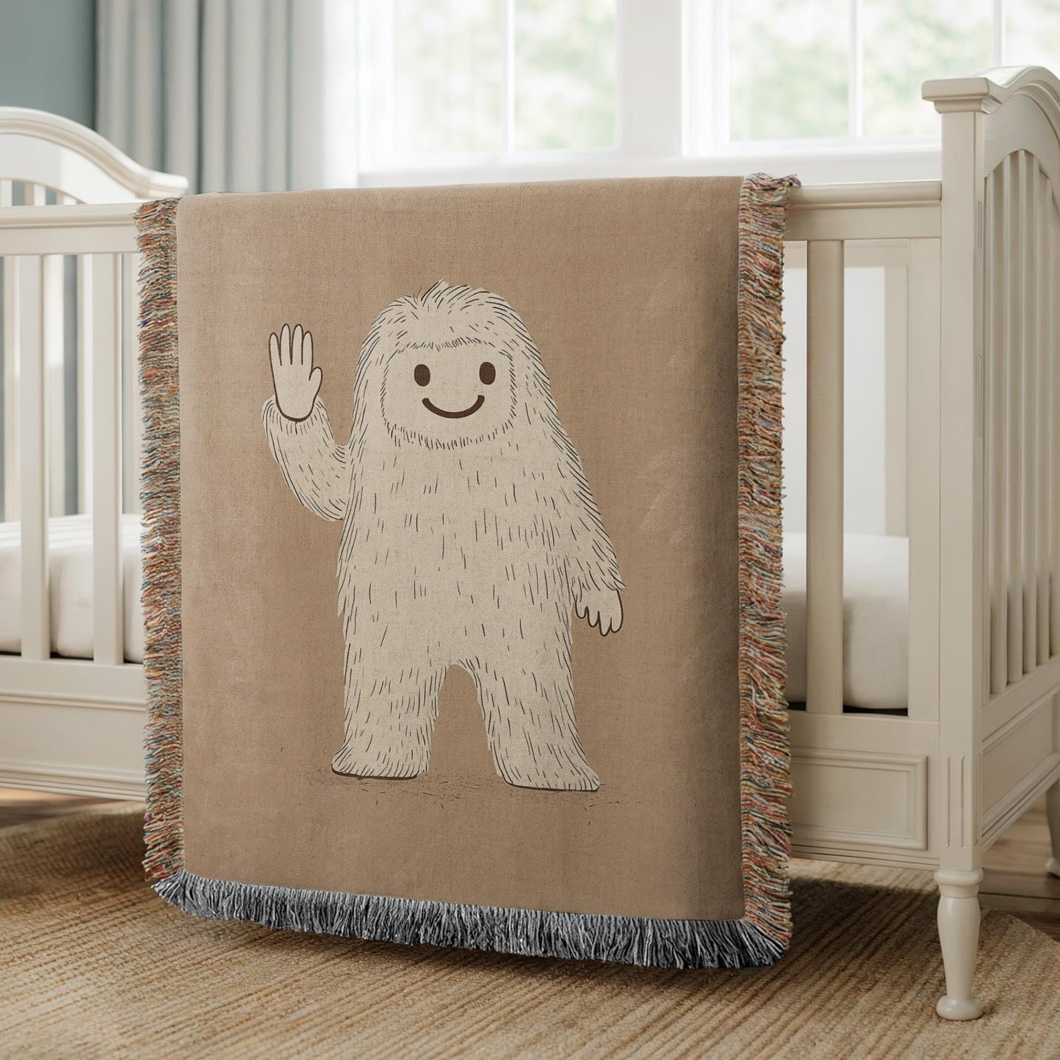 Cute Yeti Cryptid Woven Throw Blanket Cotton with Fringed Edges as a Housewarming Gift