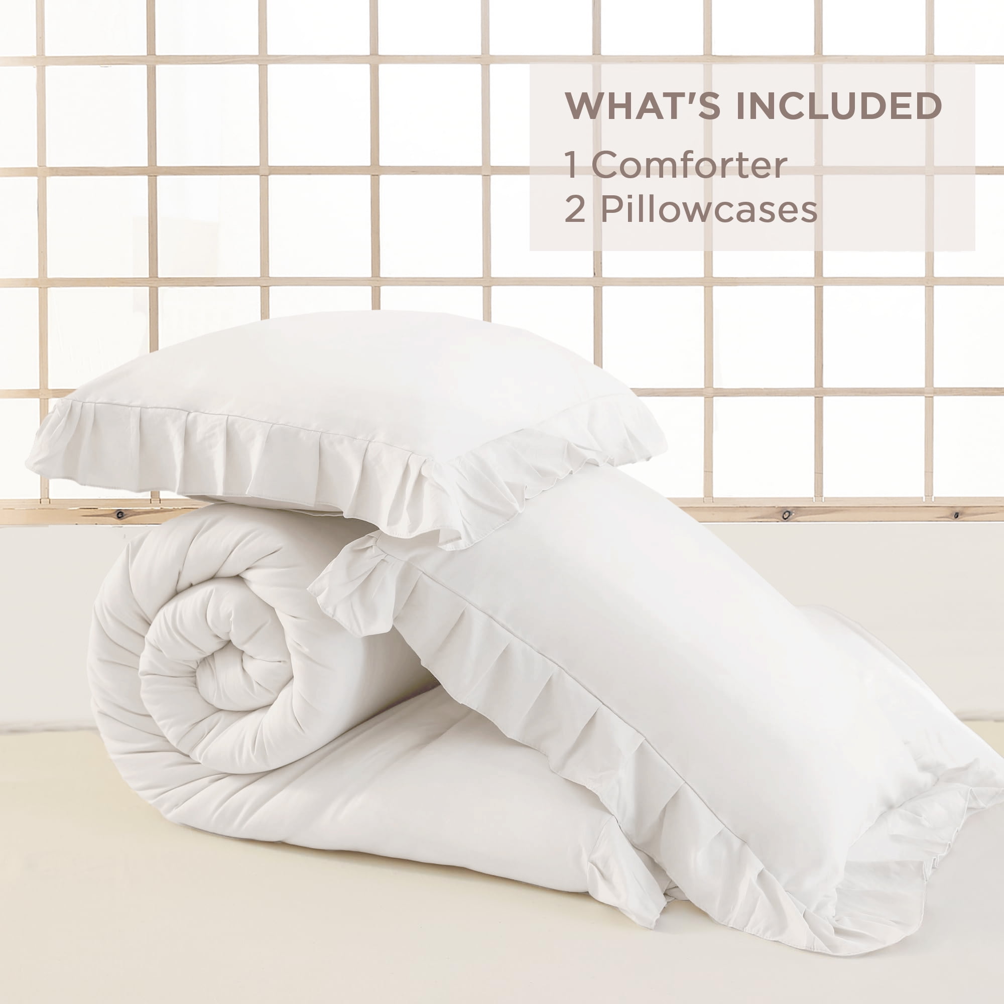 ANGENIA Queen Comforter Set White, 3 Pieces Soft Fluffy Farmhouse Ruffle Bedding Comforter Sets for Queen Bed, All Season Lightweight Down Alternative Bed Set(90"x90" Comforter & 2 Pillowcases)