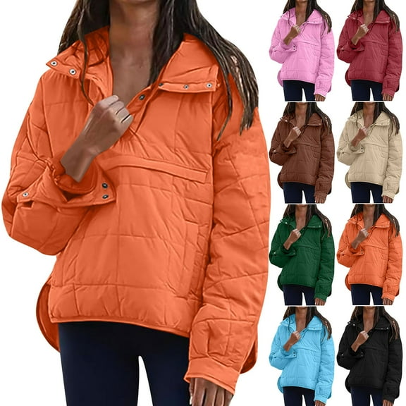 Xdegoge Pullover Quilted Jackets for Women Lightweight Quarter Button Padded Down Coats Side Split Oversized Warm Winter Coat with Pockets