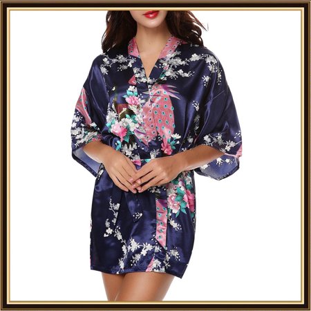 

KUNPENG Women Simulation Silk Print Bride Robe Fashion Gown Bath Robe Lingerie Sleepwear Dark Blue / L
