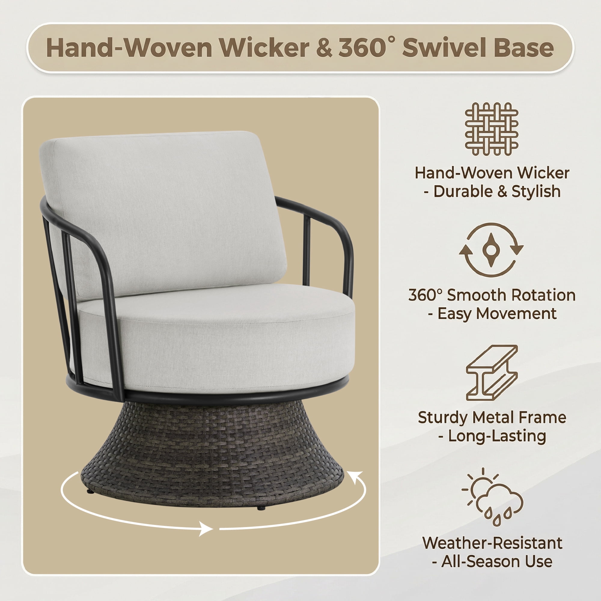 Spruce & Spring 3-Piece Patio Furniture Set, Outdoor Swivel Wicker Chairs with Side Table, Light Gray Olefin Cushions & Dark Gray Wicker, for Porch, Deck & Backyard