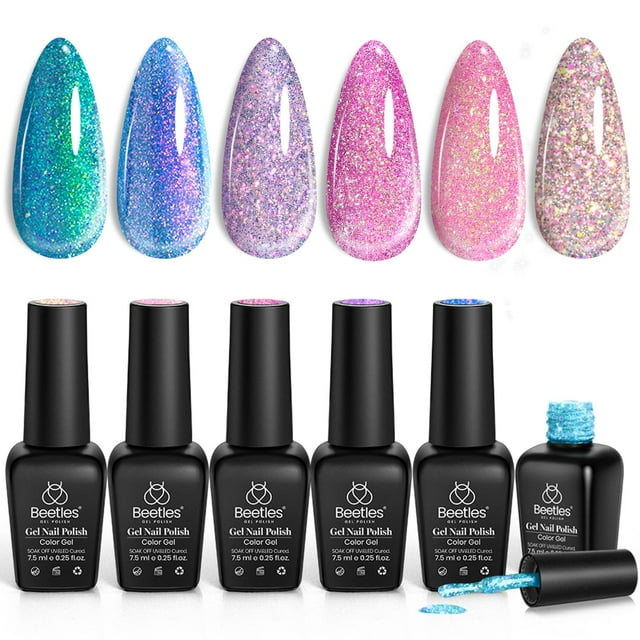 Esmalte de uñas en gel con purpurina con forma de escarabajos, 6 colores, remoja los rayos UV