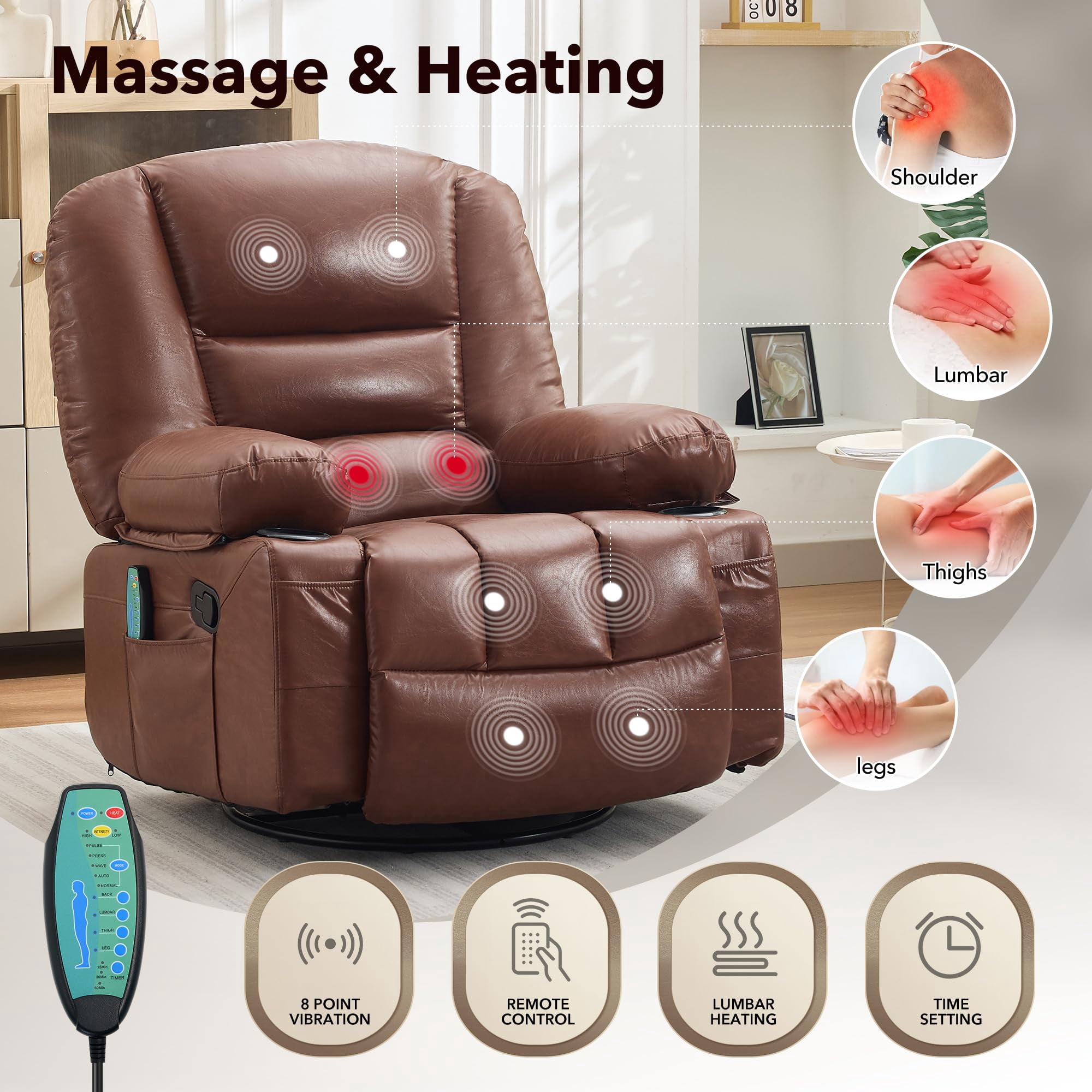 Oversized 360° Swivel Recliner Chair for Adults - Rocker Glider with Vibration Massage & Heat - Extra Wide, Overstuffed Lounge Sofa, Manual Recline, Cup Holders & Side Pockets
