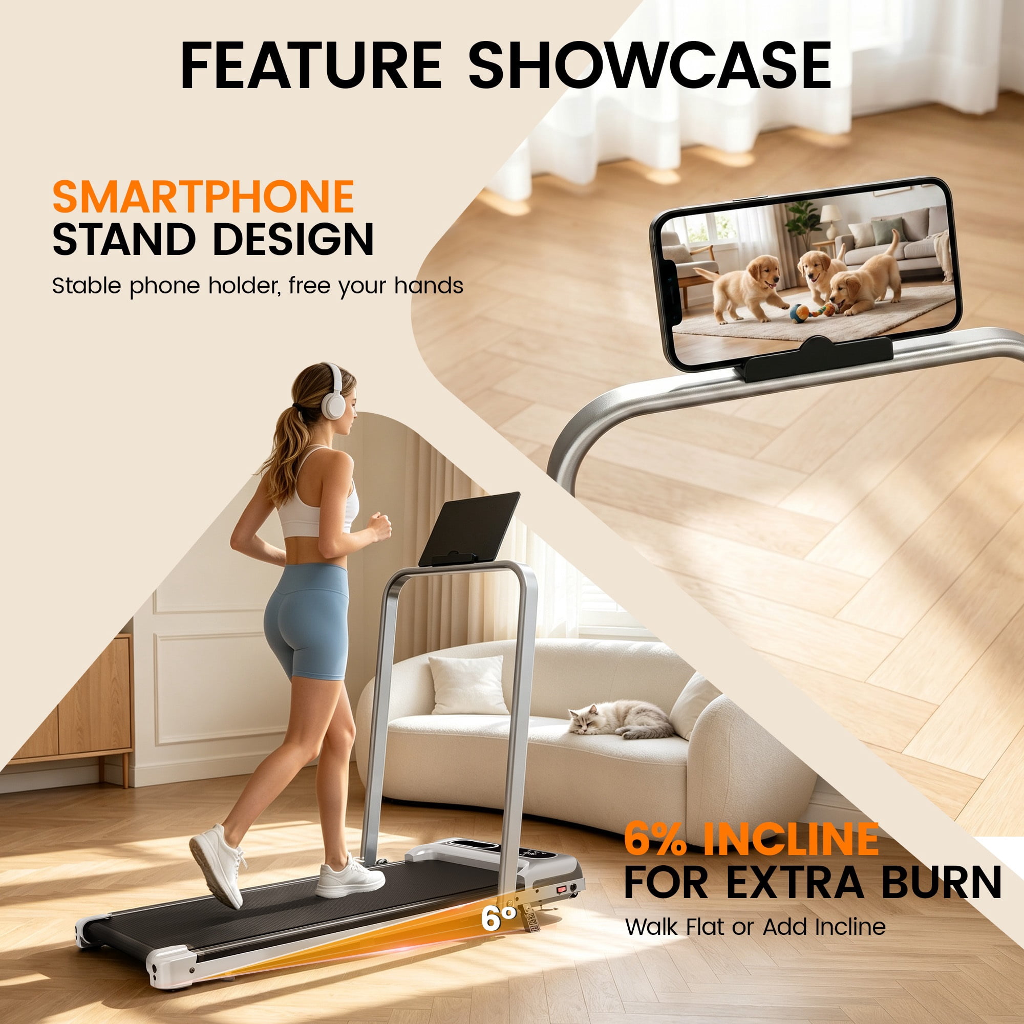 ASoopher Foldable Walking Pad Treadmill with Incline and Handle Bar, Small Portable Under Desk Treadmill, for Home and Office, 0.6-3.8 MPH, Silver