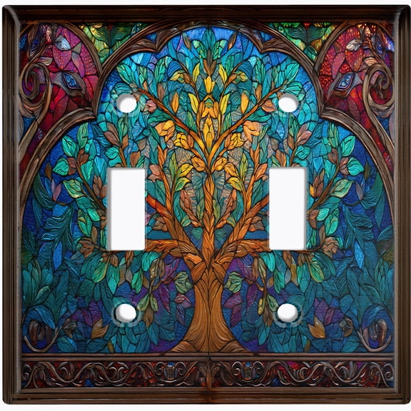 Metal Light Switch Wall Plate Outlet Cover (Printed Image of Large Stained Glass Tree - Double Toggle)