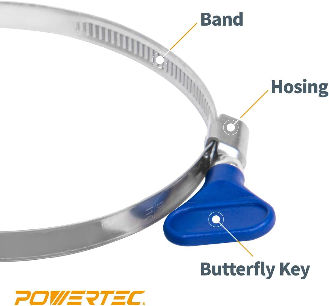 POWERTEC 10PK 6 Inch Key Hose Clamp, Thumb Screw Key Adjustable Stainless Steel Hose Clamps for Dust Collection, Dust Collector and Dryer Vent Hose, Pipe Clamp, RV Clamp, Worm Gear Clamp, 70250-P2