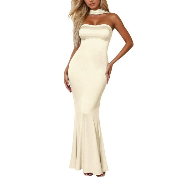 Puliio Women's Dresses Summer Satin Strapless Tube Top Maxi Dress Elegant Silk Backless Slim Formal Party Dresses Wedding Guest Gown Dresses