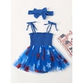 thumbnail image 5 of Raccmtaty 4th of July Baby Girls Rompers Dress Tie-Up Spaghetti Strap Star Pattern Mesh Skirt Hem Bodysuits Summer Clothes with Headband, 5 of 8