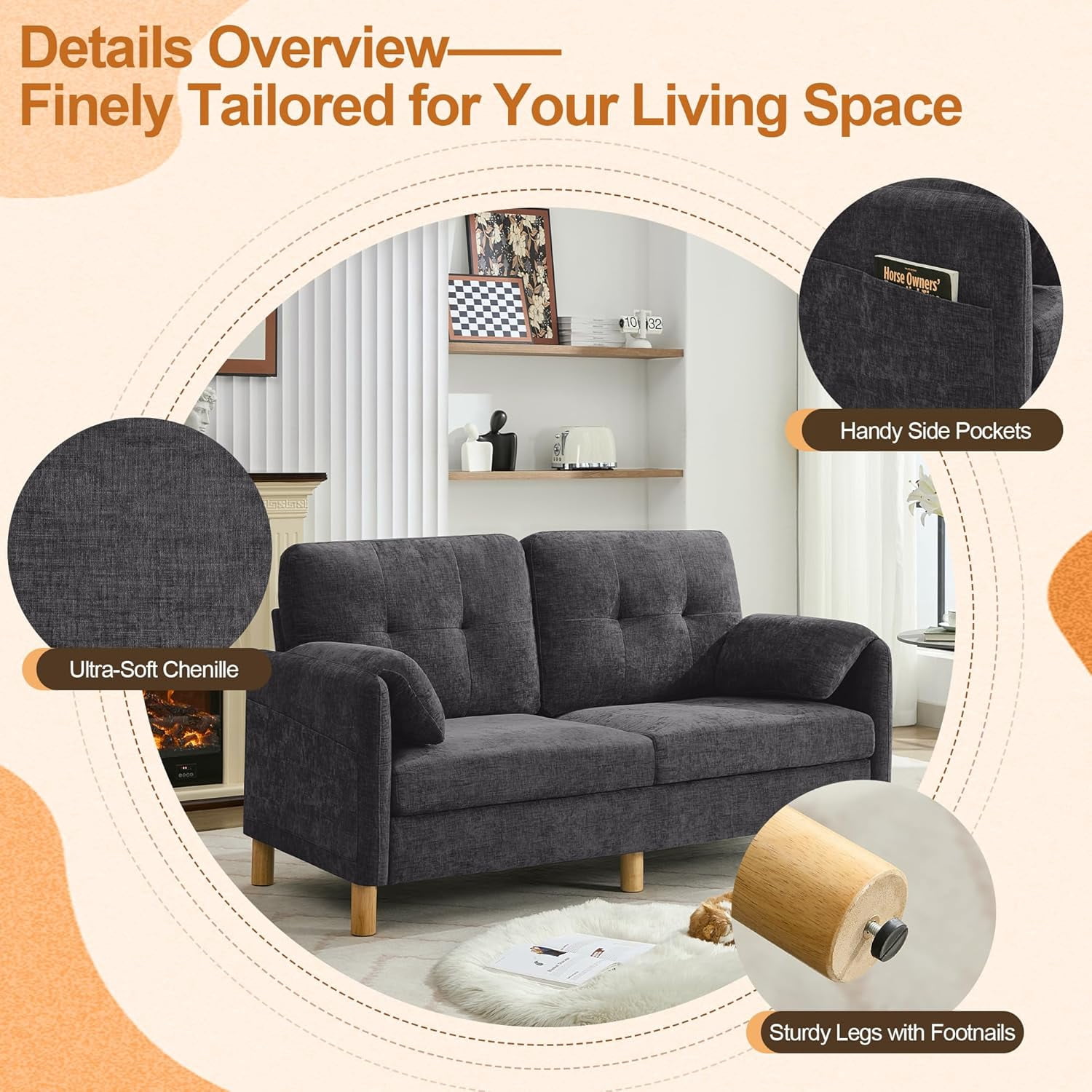 65" Chenille Loveseat Sofa, Modern 2-Seater Love Seat Couch with Armrest Pillows,Upholstered Tufted Loveseat Couches for Living Room Bedroom, Dark Grey
