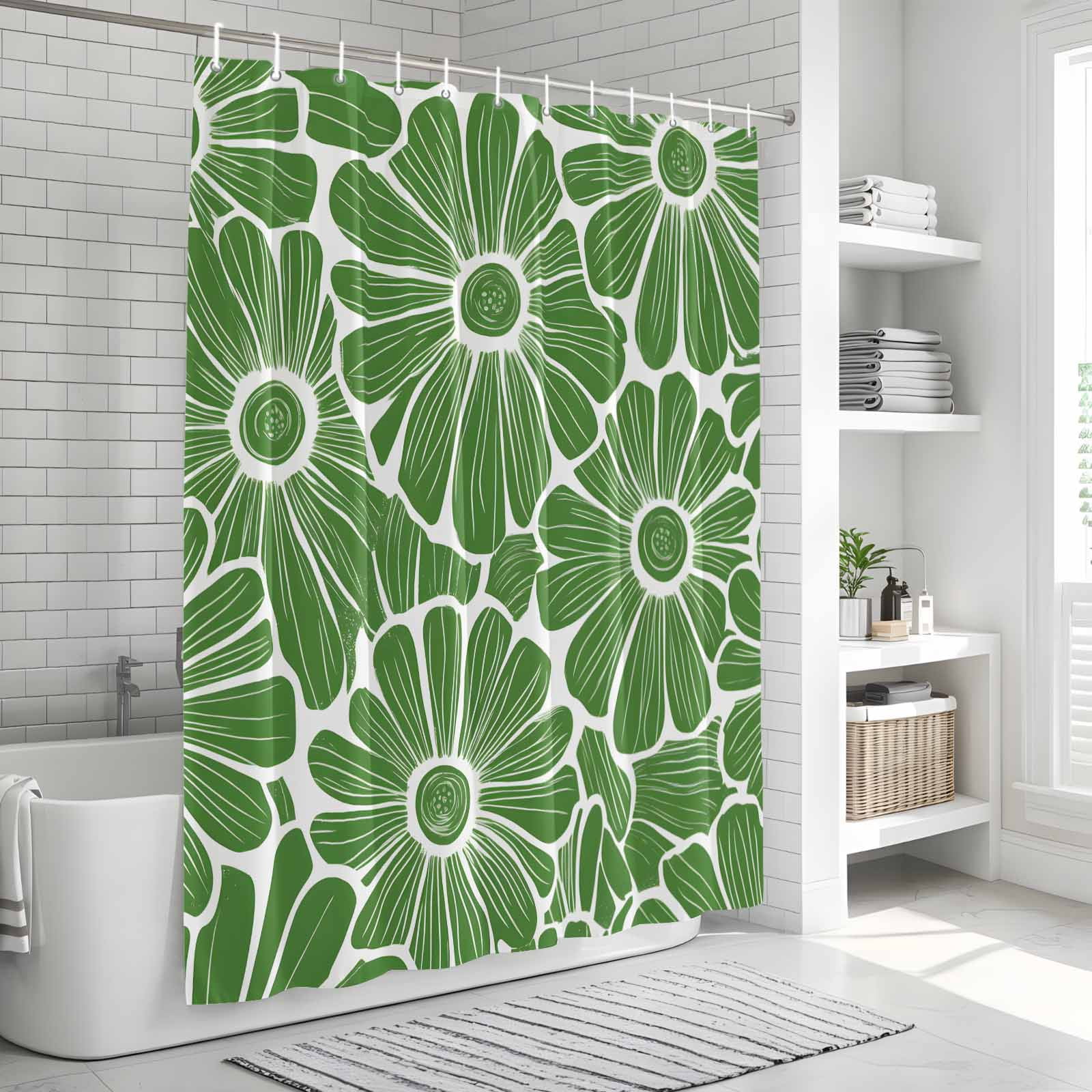 Green Spring Floral Waterproof Fabric Shower Curtain,Pastoral Flower Abstract Waterproof Fabric Shower Curtain for Bathroom Curtains Bathtubs Hotel Shower Curtains with 12 Hooks Small 36x72in