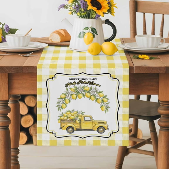 Burlap Table Runner 36 Inches Long, Farm Yellow Truck Lemon Fruit Non-Slip Kitchen Table Runners for Dining Room Everyday Use Party Table Decorations Flower Leaves Buffalo Plaid