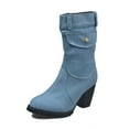 thumbnail image 4 of Leozcaa Denim Mid-Calf Boots for Women Round Toe Chunky High Heel Jeans Blue Side Zipper Ankle Boots, 4 of 9