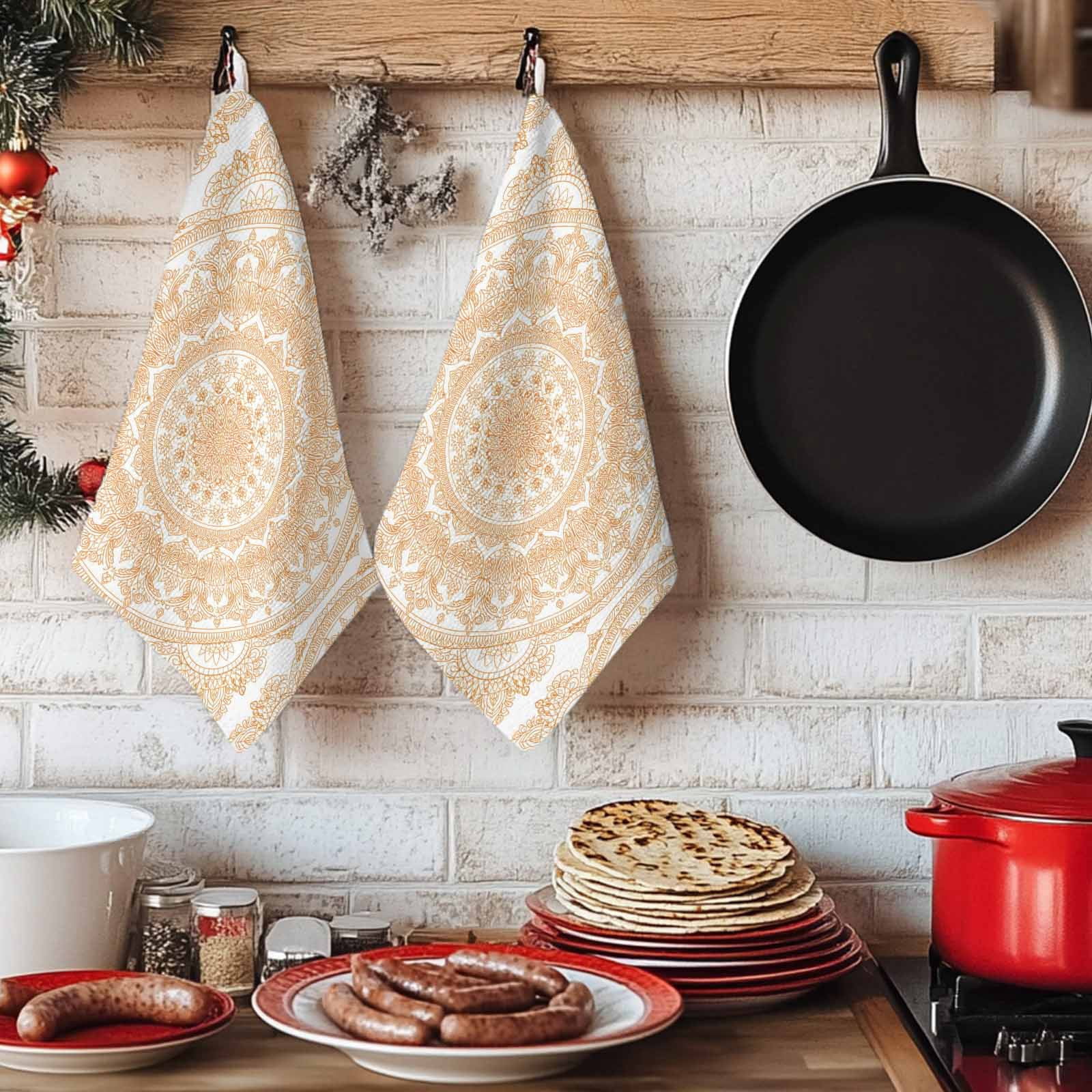 Boho Geometric Kitchen Towels Set of 2, Ethnic Bohemian Farmhouse Art Motifs Absorbent Dish Towels for Kitchen, Microfiber Hand Towel, Quick Drying Tea Towel for Cleaning Decorative Dishcloths