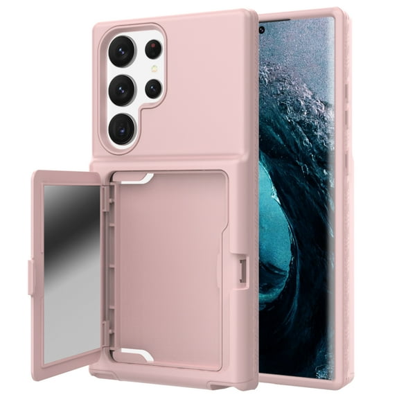 Case for Samsung Galaxy S23 Ultra with Hidden Makeup Mirror Card Slot Design Cover, Hybrid PC+TPU Shockproof Non-Slip Lens Protection Wallet Case for Samsung Galaxy S23 Ultra, Rosegold