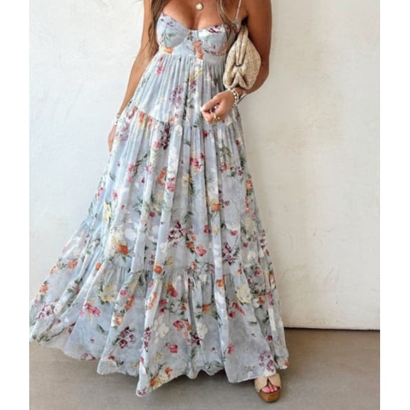 Light Blue Floral-Print Strappy Maxi Dress — Waist-Cinching, Slimming, Vacation-Style Dress