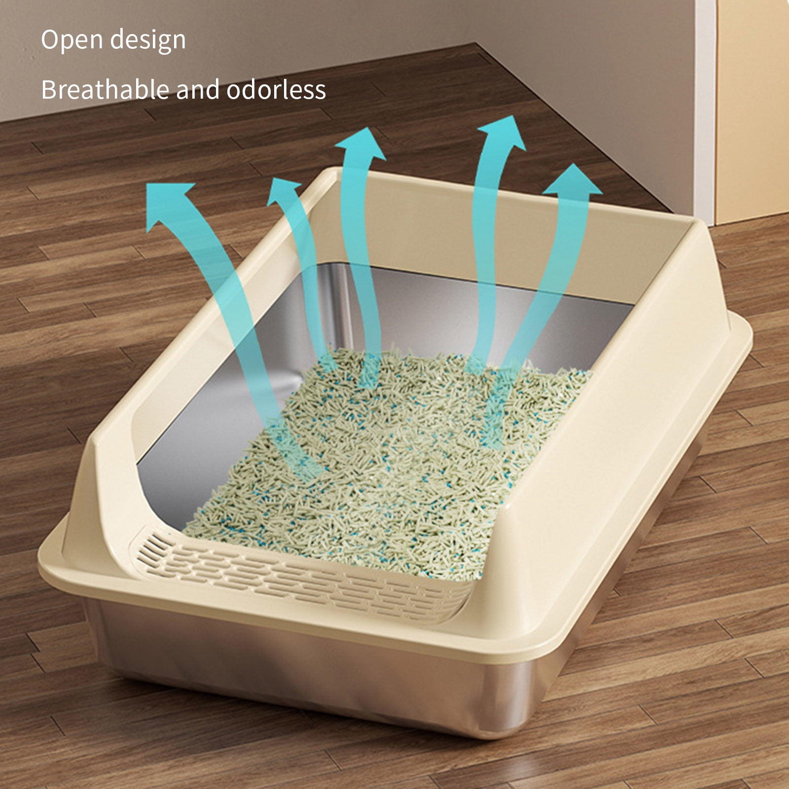 Large Cats Litter Box Stainless Steel Half Enclosed Design Antisplash Moisture Odor Control Litter Tray for Home