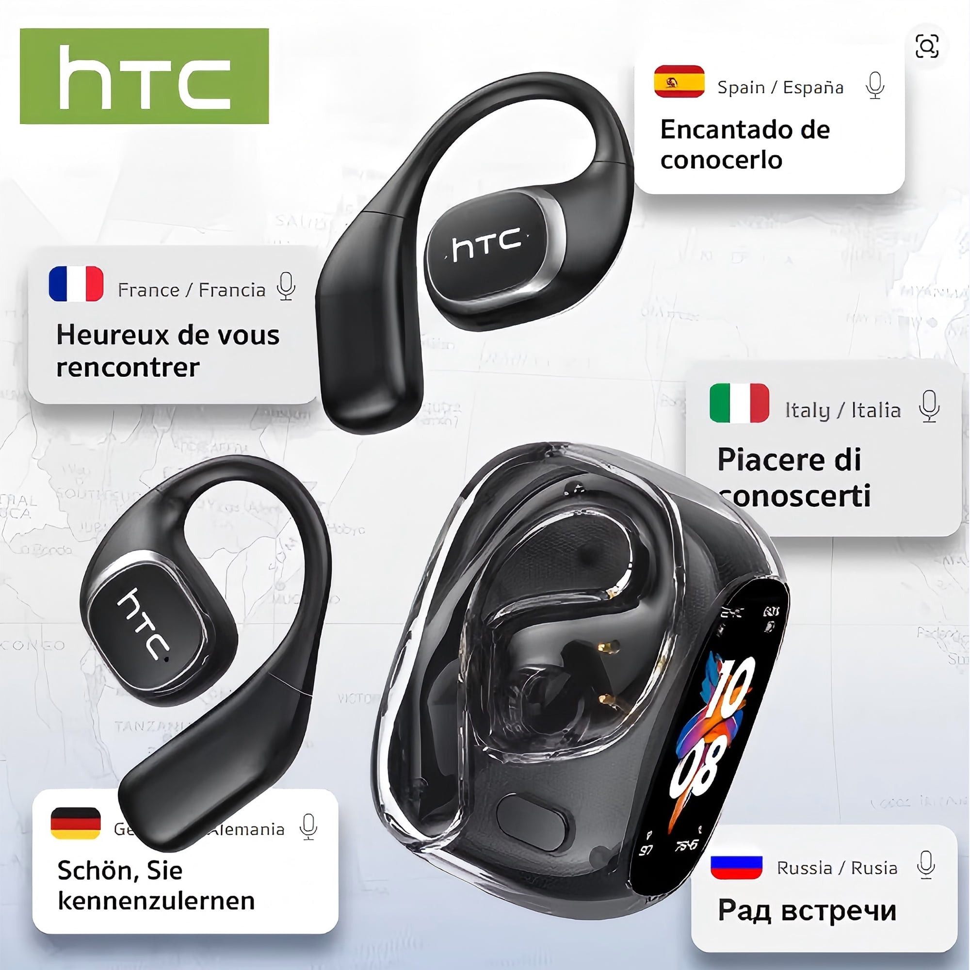 HTC NE11 Wireless Earbuds, AI Translate Earbuds Bluetooth 6.0 Headphones with Noise Cancelling Mic Smart Screen,60H IP6X Waterproof Sport Headset