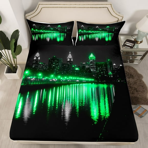 Erosebridal Electric Nights Fitted Sheet Set Twin, Modern River Cityscape Bedding Twin Size, Green Black Room Decor 2pcs (No Top Sheet)