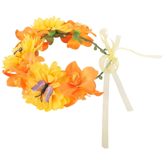 LOLIPPYY Artificial Orange Flower Wreath Crown Floral Hairband with Ribbon Tie for Beach and Festivals