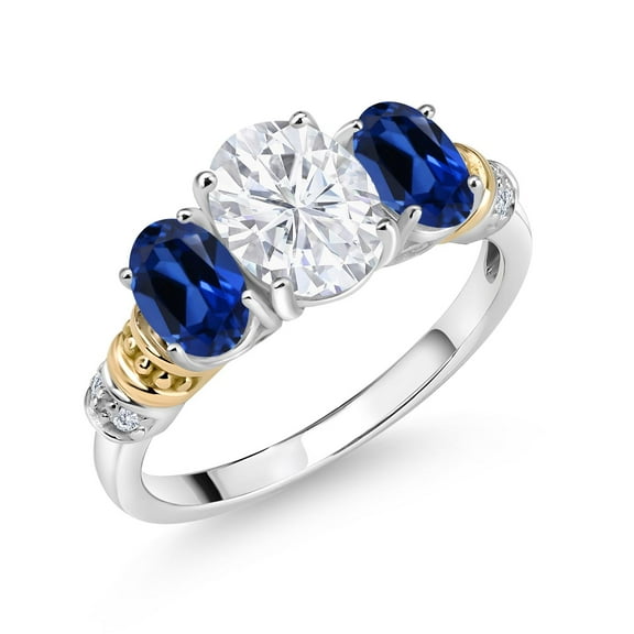 Gem Stone King 925 Sterling Silver and 10K Yellow Gold IGI Certified Lab Grown Diamond and Blue Created Sapphire 3 Stone Ring for Women | 2.73 Ct | Center Oval Diamond 1.5 Ct | E-F | VS1-VS2 (Size 5)
