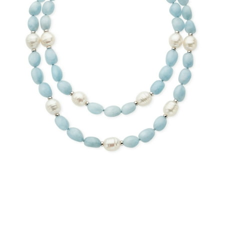 Honora Ringed Freshwater Pearl and Baroque Aqua Quartz Strand Necklace with Sterling Silver Clasp
