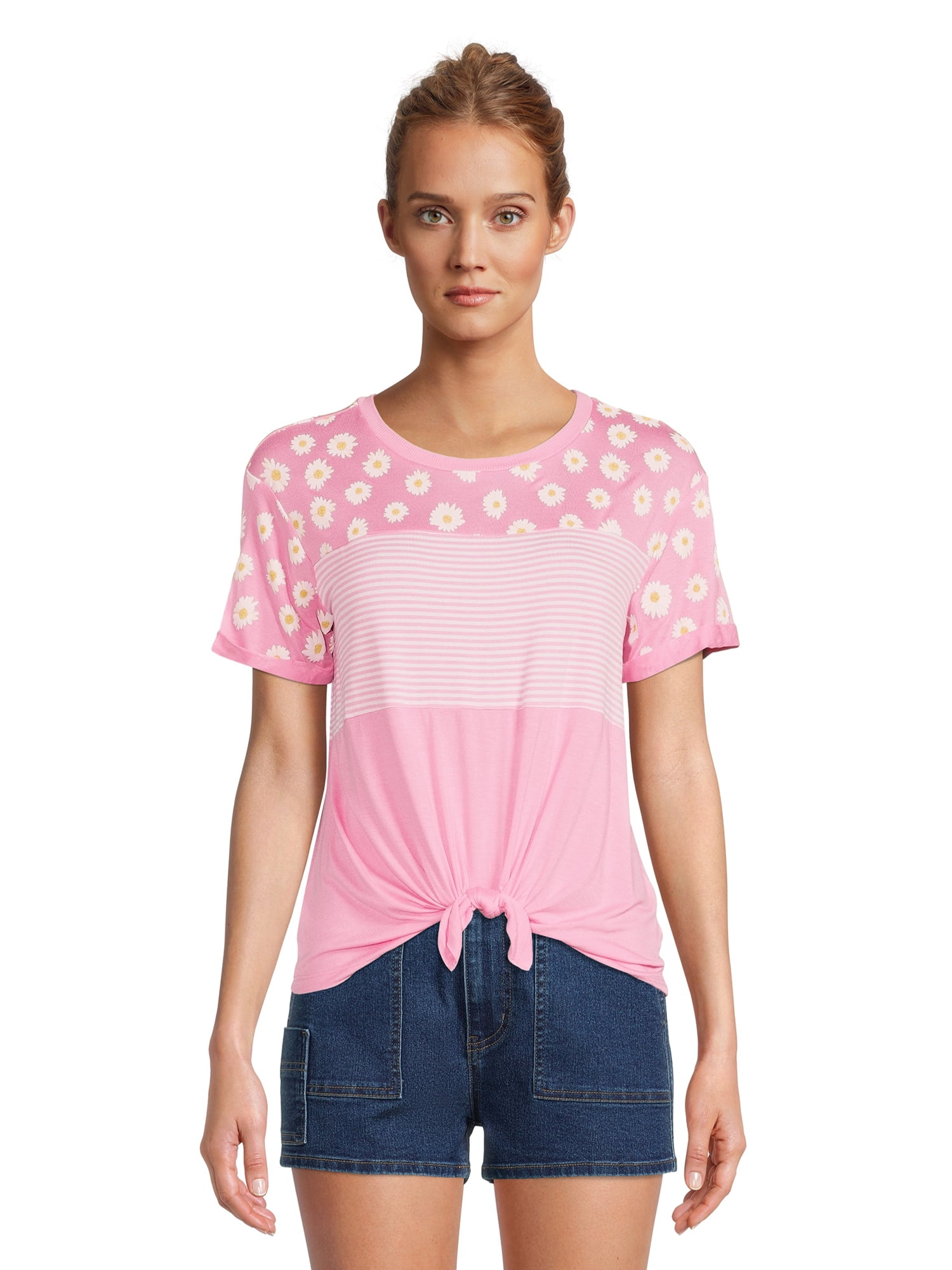 No Boundaries Juniors Knot Front Triple Stack TShirt