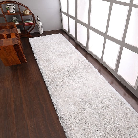 Rugsotic Carpets Hand Tufted Shag Eco-Friendly 2'6''x10' Runner White Solid High Pile Thick Handmade Anti Skid Indoor Area Rug K00101