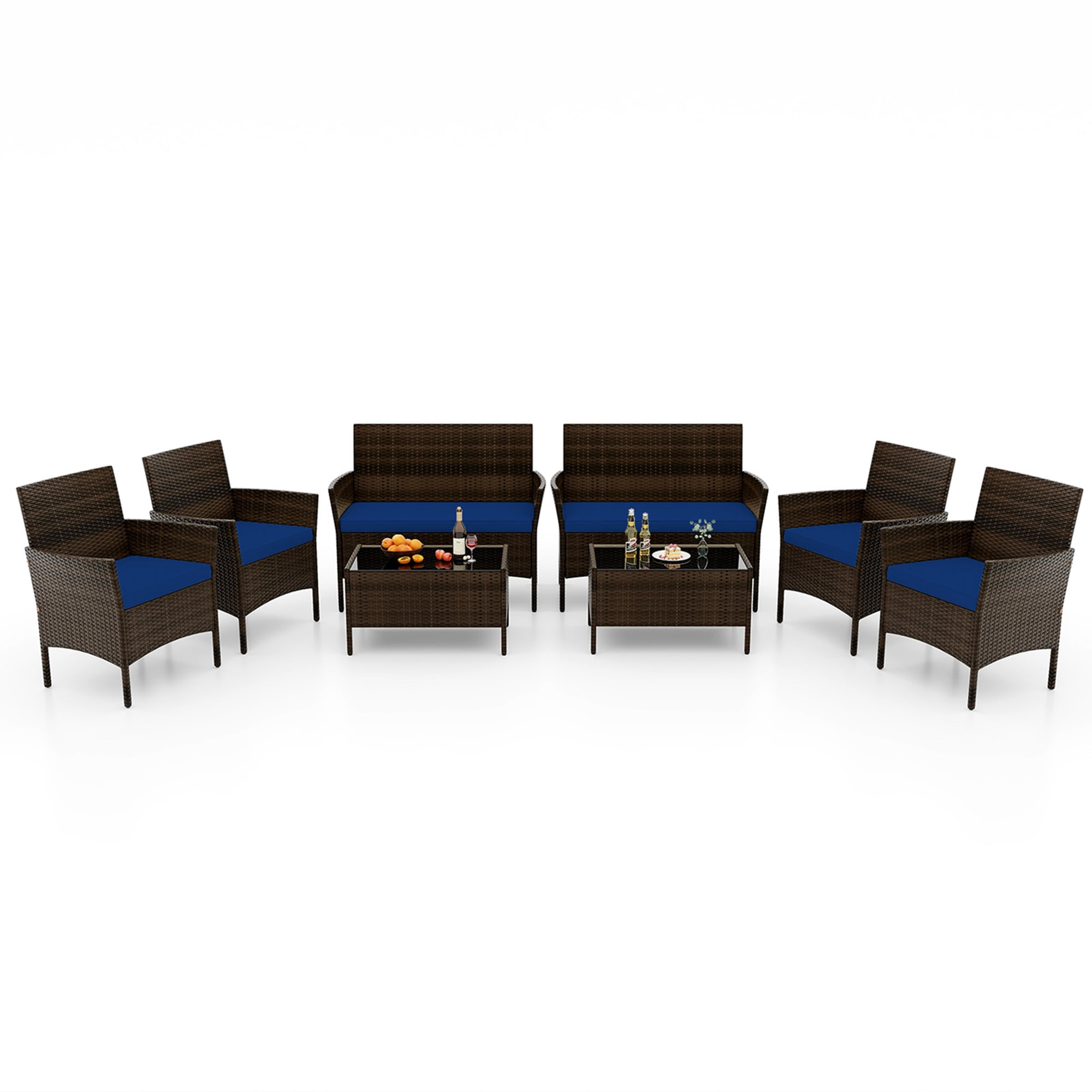 Costway 8 PCS Patio Furniture Set with Washable Cushions and Tempered Glass Coffee Table Navy