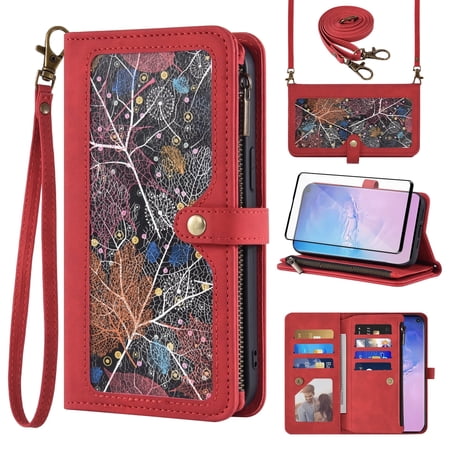 Asuwish Phone Case for Samsung Galaxy S10 Wallet Cover With Tempered Glass Screen Protector Crossbody Wrist Strap Flip Pattern Zipper Credit Card Holder Stand Cell S 10 Edge 10S GS10 X10 Women Red