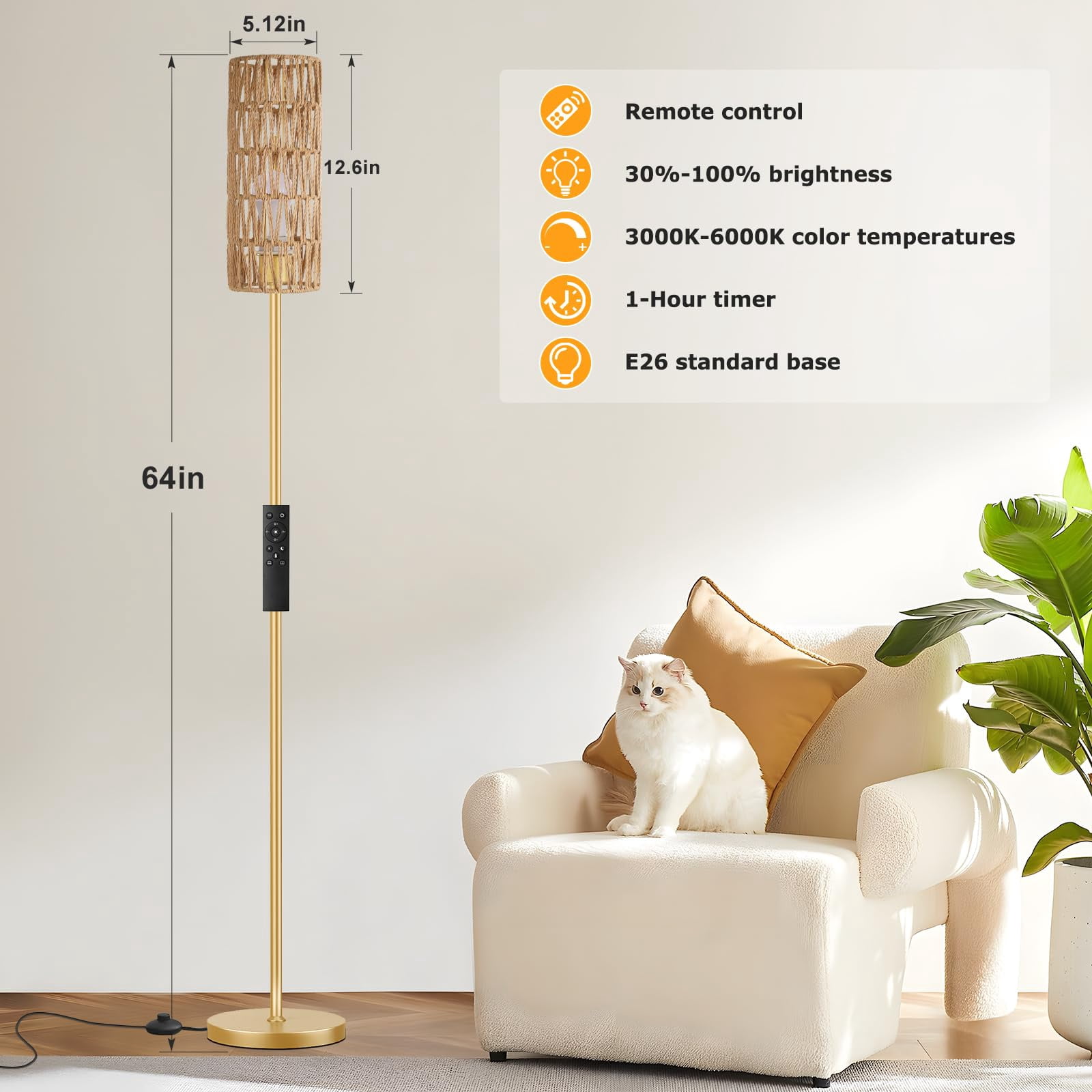64'' Floor Lamps For Living Room With Remote Control And Stepless Dimmable Colors Temperature & Brightness  Boho Standing Lamp Beige Rattan Shade