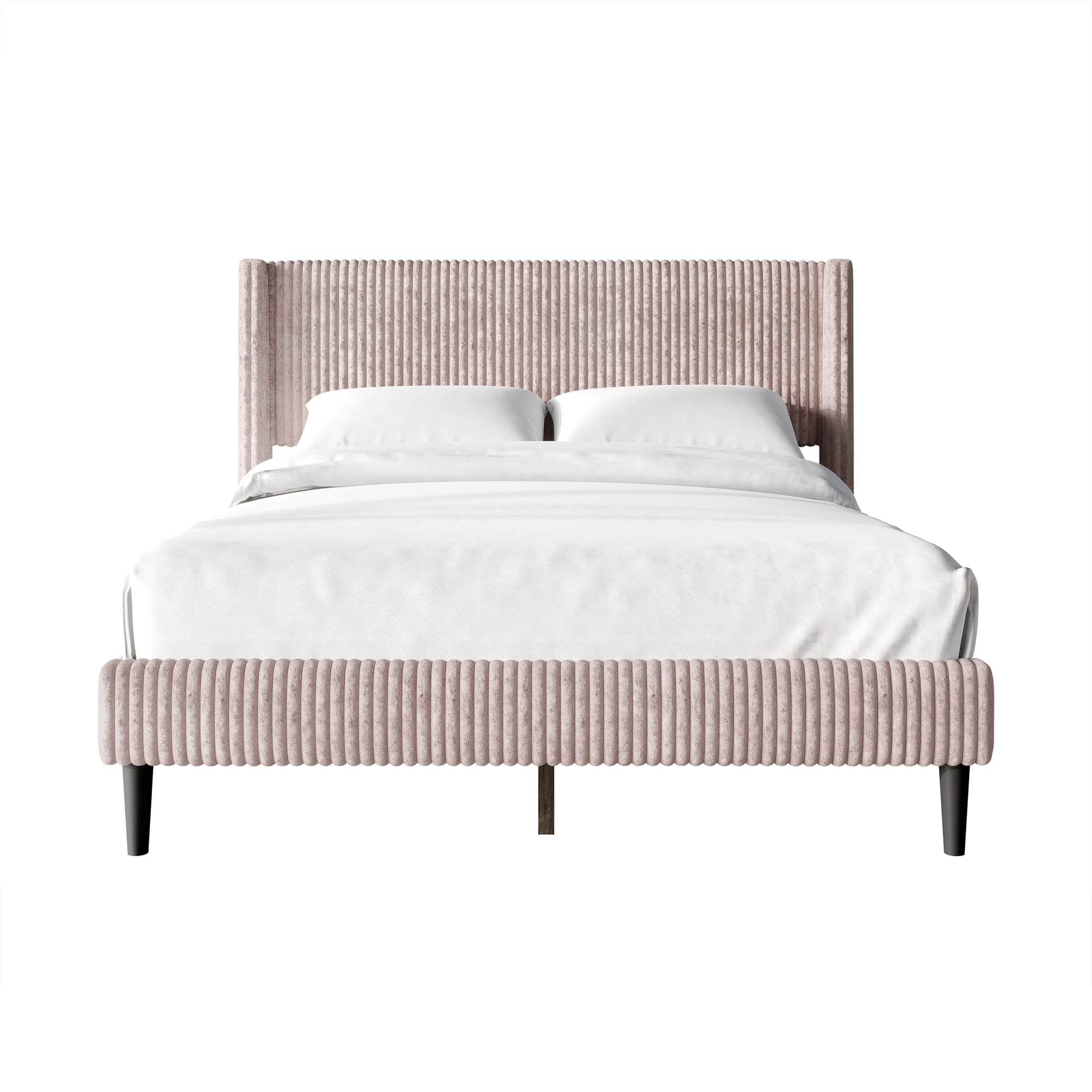 Castle Place Modern Wingback Corduroy Velvet Upholstered Twin Platform Bed, Light Pink